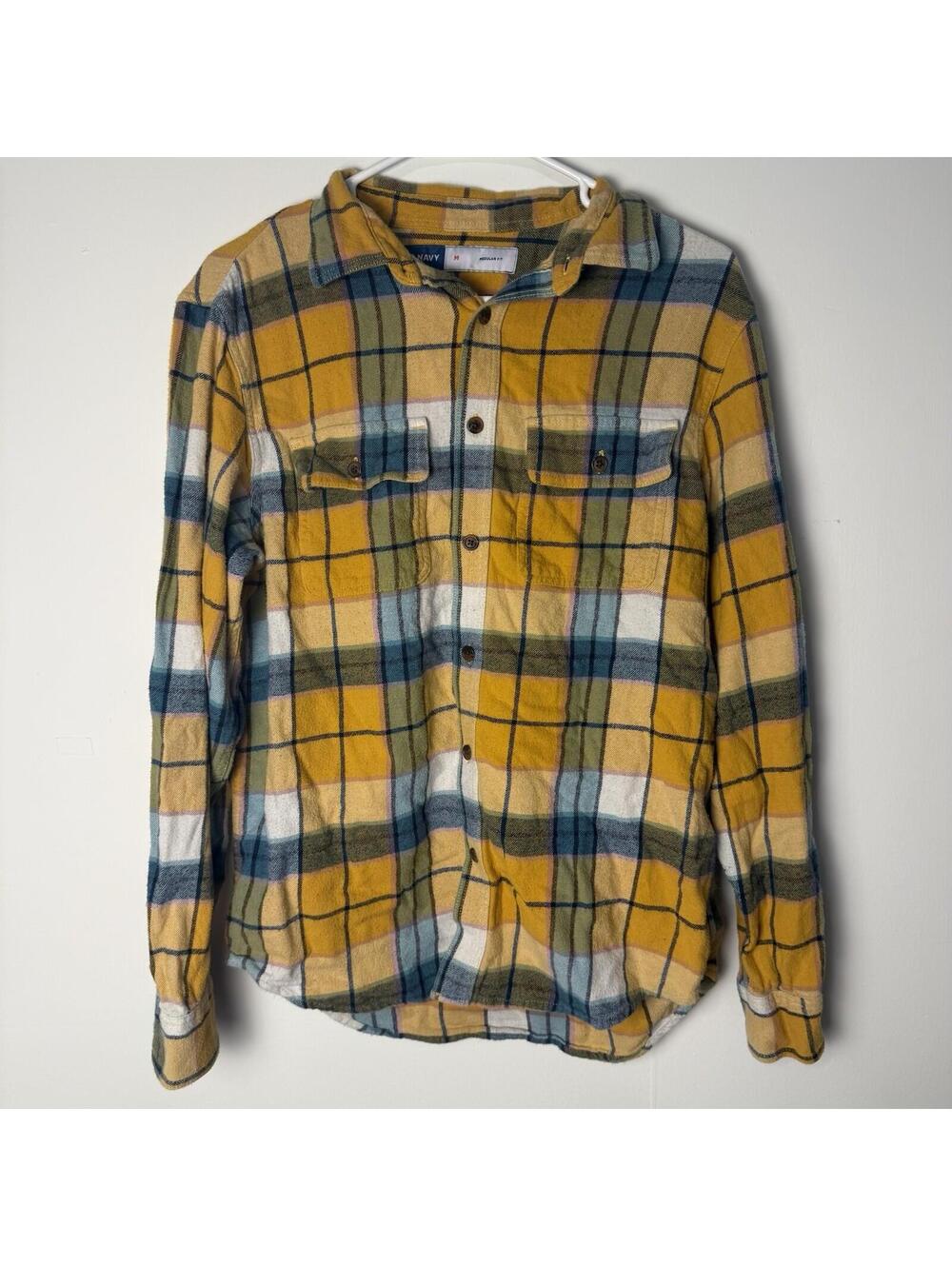 Old Navy Plaid Flannel Button Down Long Sleeve Mens Medium Yellow And Blue